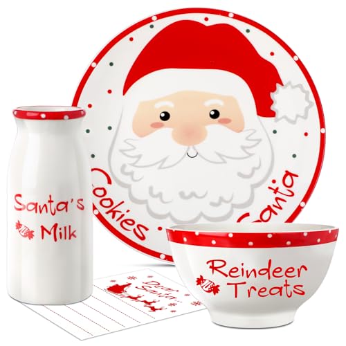 Nitial Weihnachtsplätzchen für Weihnachtsmann Teller Weihnachten Geschirr Set Kekse für Weihnachtsmann Teller Set mit Milchglas, Rentier Leckerli Schüssel und Dear Santa Notizblock Set Heiligabend von Nitial