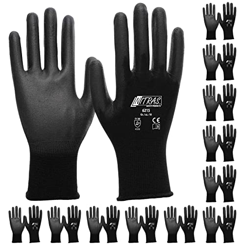 NITRAS Nylon Montagehandschuh 6215 PU beschichtete Handschuhe, schwarz Gr. XL (9) 12 Paar von Nitras