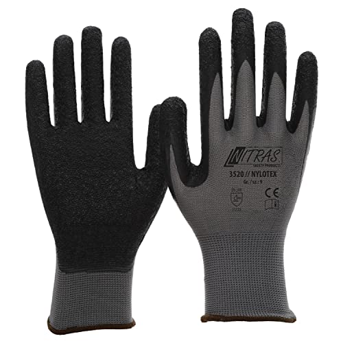 NITRAS Nylotex 3520 Nylon-Latexhandschuhe Arbeitshandschuhe 12 PAAR, Grau/Schwarz, 8/L von Nitras