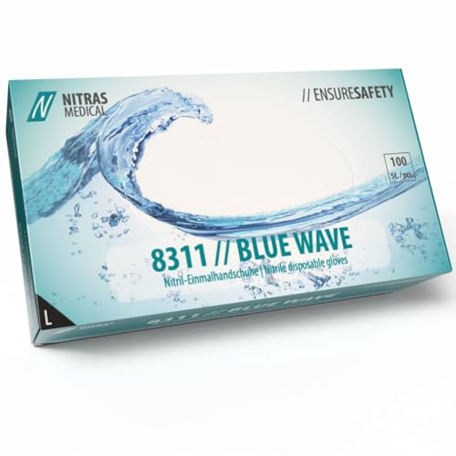 Nitras 8311 BLUE WAVE unsterile, medizinische, lebensmittelgeeignete Nitril-Einmalhandschuhe Farbe blau, puderfrei & latexfrei 100 Stück im Spenderkarton Größe L von Nitras