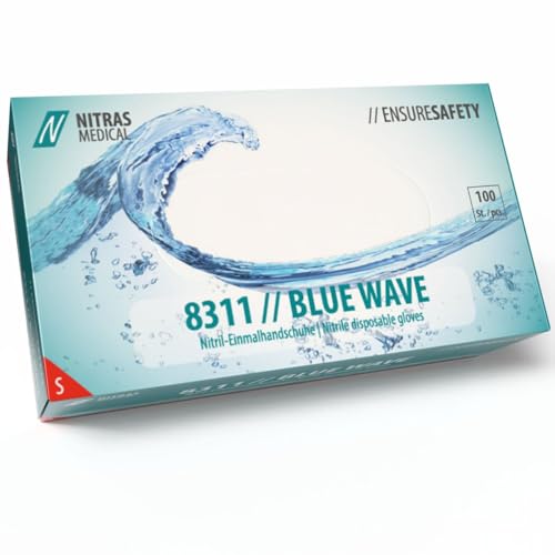 Nitras 8311 BLUE WAVE unsterile, medizinische, lebensmittelgeeignete Nitril-Einmalhandschuhe Farbe blau, puderfrei & latexfrei 100 Stück im Spenderkarton (S) von Nitras