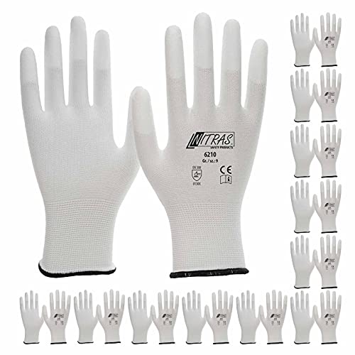 Nitras 12 Paar Nylon-Handschuhe 6210 Arbeitshandschuhe Gartenhandschuhe PU-Fingerkuppenbeschichtung, Größe:8 von Nitras