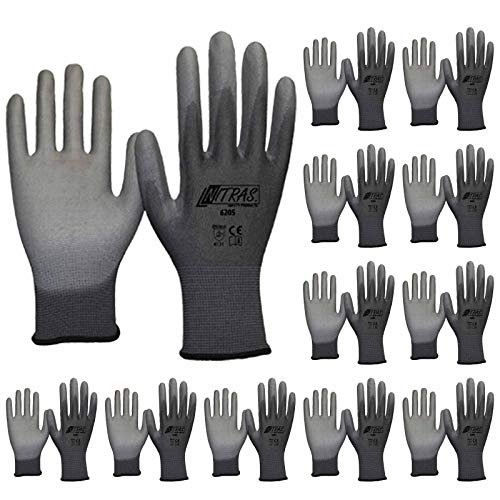 Nitras 6205 Nylon Strickhandschuh grau - VPE 12 Paar - mit PU-Beschichtung auf Innenhand und Fingerkuppen, Größe:10 von Nitras