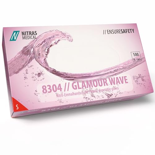 Nitras 8304 GLAMOUR WAVE unsterile, medizinische Nitril-Einmalhandschuhe Farbe rosa-perlmutt, 100 Stück im Spenderkarton, latexfrei & puderfrei, Touchscreen kompatibel (S) von Nitras