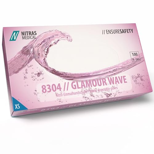 Nitras 8304 GLAMOUR WAVE unsterile, medizinische Nitril-Einmalhandschuhe Farbe rosa-perlmutt, 100 Stück im Spenderkarton, latexfrei & puderfrei, Touchscreen kompatibel (XS) von Nitras
