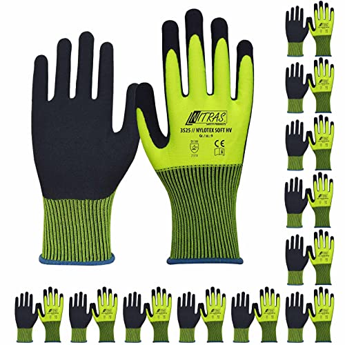 Nitras Schutzhandschuhe Nylotex Soft HV 3525 12 Paar - Gartenhandschuh, Bauhandschuh, Signalfarbe, weich, rutschfest, Latex, Größe:9 von Nitras