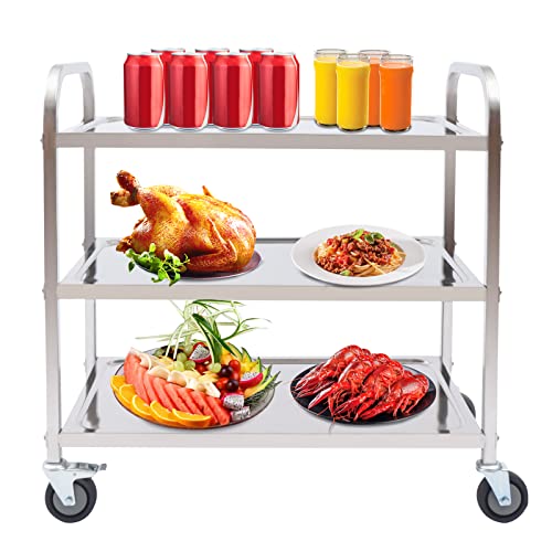 Edelstahl Servierwagen mit 3 Ebenen, Küchenwagen mit 4 Lenkrollen (2 x mit Feststellbremse), Mehrzweckwagen für Restaurants, Bibliotheken, Küchen, Wohnzimmer, 75 x 40 x 83,5 cm von NiuLifeya