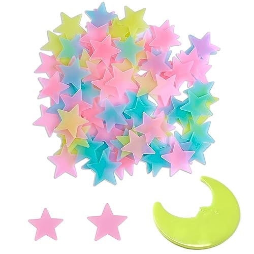 Niuhong Fluoreszierende Wandtattoos 100 Pcs Leuchtende Sterne Leuchten Dunkeln 3D Sternaufkleber Dekoration Stern Wandtattoo Zimmer Schlafzimmer Decke Abziehbilder Schalter Aufkleber Sticker (Bunt) von Niuhong