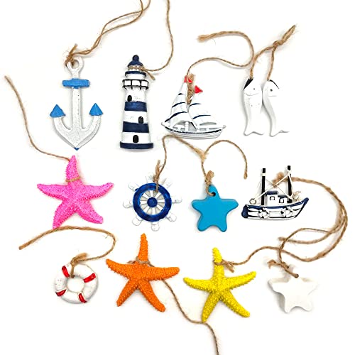 Niuhong 12 Pcs Mediterrane Küstenmotiv Wanddekorationen Maritime Nautische Deko Set Küste Wandschmuck Beach Hängen Wanddeko Seestern Anker Segelboot Fische Leuchtturm Steuerrad Schwimmring von Niuhong