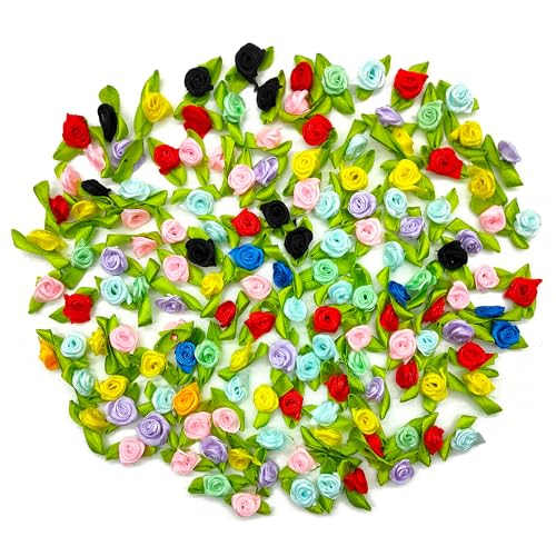 Niuhong 200 Pcs Mini Künstliche Blumen Mit Blatt Kleine Stoffrosen Bunt Satin Stoffblumen Rosen Blütenköpfe DIY Basteln Kleidung Aufnähen Garland Haarschmuck Hochzeit Party Deko (Mischfarbe) von Niuhong