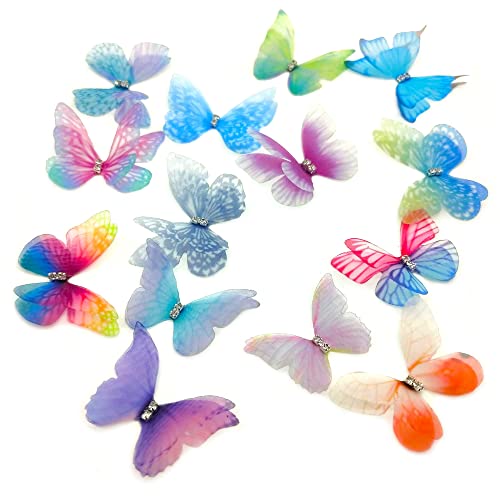 Niuhong 70 Pcs 3D Schmetterlinge Transparent Stoff Schmetterling Haarclips DIY Nagel Charms Kopfbedeckungen Schmuck Kleidung Mädchen Damen Butterfly Wandtatoo Bunt Organza Chiffon Mit Strass (A) von Niuhong