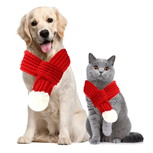Weihnachten Haustier Schal, Hund weihnachtsschal, Weihnachts-Schal für Hunde und Katzen, Weihnachts-Schal mit weißen Pompons, Hundeweihnachtsoutfit, für Katzen und Hunde, Weihnachtsfeiern (L, Rot) von Niumowang