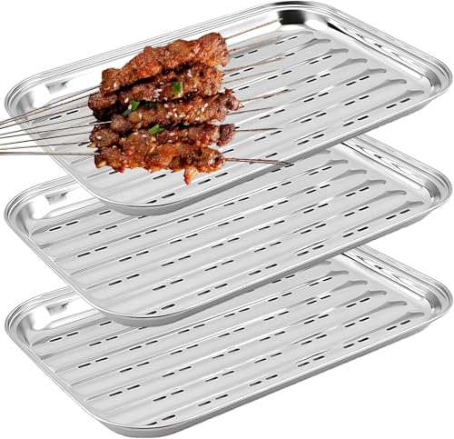 Niuny BBQ Grillschalen Aus Edelstahl 3Stk Grillschale Edelstahl mit 1 Grillzange 34,9x24,5x2,7cm Silber Gemüse Grillschale Wiederverwendbar mit Löchern Grillzubehör für Gemüse Fleisch und Fisch von Niuny