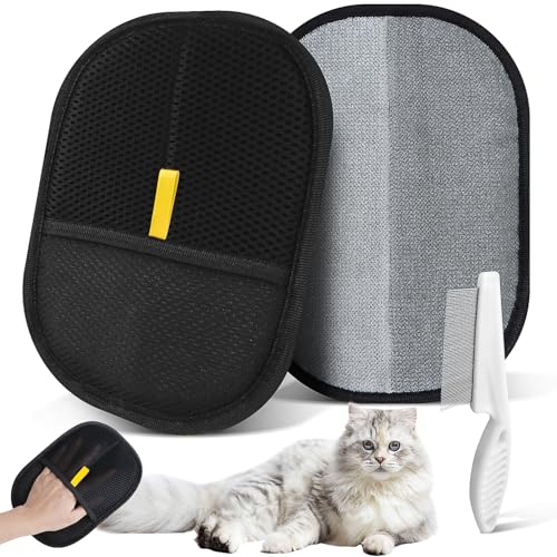 Niuny Fellmagnet Handschuh 2Stk pet Hair Remover 1Stk Flohkamm Katzen Handschuhe fellpflege Doppelseitige Fellhandschuhe Fingerlos Katze statische katzenpflege handschuh zum Katzenhaare Entfernen von Niuny