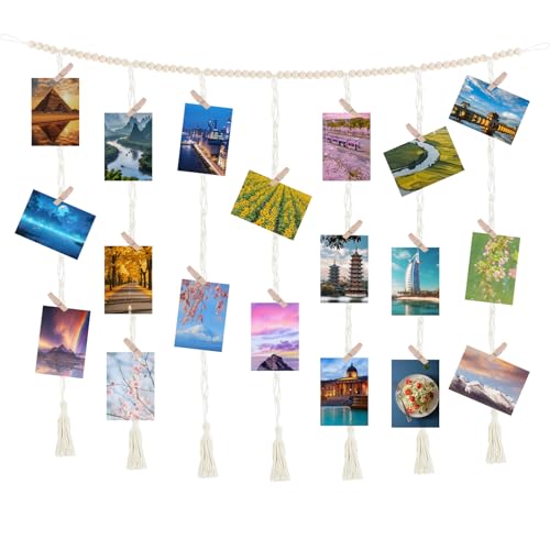 Niuny Hängender Fotowand Bilderrahmen mit 45Stk Klammern und 7 Hanfseil Boho Deko Makramee Wandbehang DIY Gewebte Tapisserie Fotodisplay Wanddekoration für Wohnkultur, Schlafzimmer, Hochzeitsfeier von Niuny