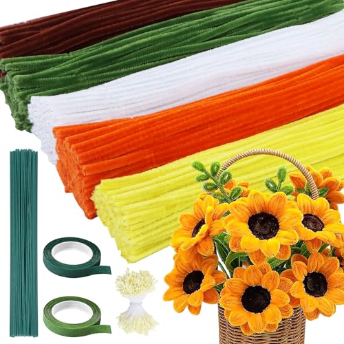 Niuny Pfeifenputzer zum Basteln Blumen 500Stk Pfeifenreiniger Blumen 5 Farben Pfeifenreiniger zum Basteln Pipe Cleaner Pfeifenputzer Gelb mit Blumendraht Staubgefäße Klebeband für DIY Blumenstrauß von Niuny