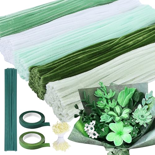 Niuny Pfeifenputzer zum Basteln Blumen 500Stk Pfeifenreiniger Blumen 5 Farben Pfeifenreiniger zum Basteln Pipe Cleaner Pfeifenputzer Grün mit Blumendraht Staubgefäße Klebeband für DIY Blumenstrauß von Niuny