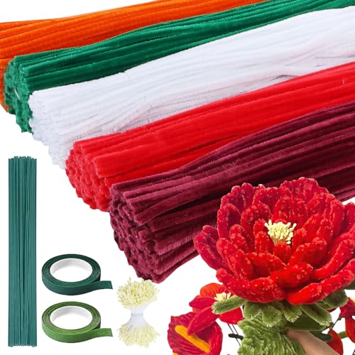 Niuny Pfeifenputzer zum Basteln Blumen 500Stk Pfeifenreiniger Blumen 5 Farben Pfeifenreiniger zum Basteln Pipe Cleaner Rote Pfeifenputzer mit Blumendraht Staubgefäße Klebeband für DIY Blumenstrauß von Niuny