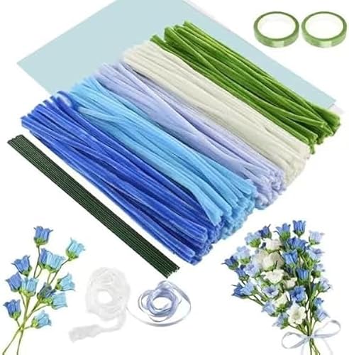 Niuny Pfeifenreiniger Blumen Set Pfeifenputzer zum Basteln Pfeifenreiniger zum Basteln mit Blumendraht Schleifenband Blumen Staubblatt für Blumenstrauß DIY Dekorationen (Blau) von Niuny