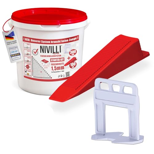 Nivilli KEILY Starter-Set - 300x Laschen + 100x Keile. Zangenloses Profi Nivelliersystem. Verlegehilfe Fliesen. DAS BESTE ZUM GÜNSTIGEN PREIS! 1.5mm Fugenbreite, Materialstärke 3-15mm von Nivilli