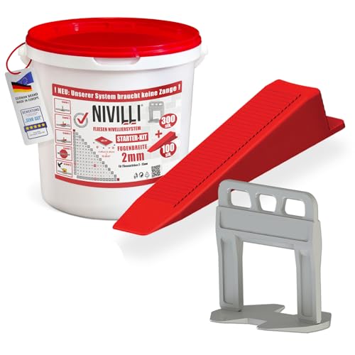 Nivilli KEILY Starter-Set - 300x Laschen + 100x Keile. Zangenloses Profi Nivelliersystem. Verlegehilfe Fliesen. DAS BESTE ZUM GÜNSTIGEN PREIS! 2mm Fugenbreite, Materialstärke 3-15mm von Nivilli