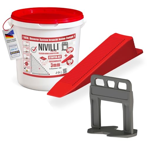 Nivilli KEILY Starter-Set - 300x Laschen + 100x Keile. Zangenloses Profi Nivelliersystem. Verlegehilfe Fliesen. DAS BESTE ZUM GÜNSTIGEN PREIS! 3mm Fugenbreite, Materialstärke 3-15mm von Nivilli
