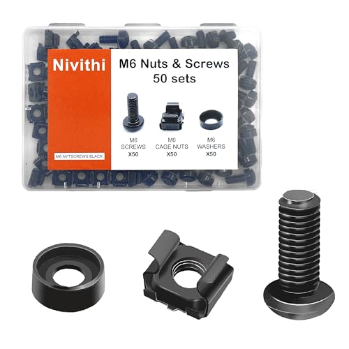 Nivithi M6*20 Schrauben+Käfigmuttern Set für Netzwerkschrank–50 Sets für Netzwerkschrank 19 Zoll/10 Zoll–Montagesatz für Servergehäuse und Patchpanel–Schwarz,aus schwarzem Zink–Stabil und langlebig von Nivithi