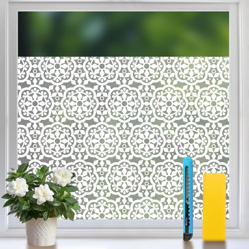 Niviy Blickdichte Fensterfolie Sichtschutzfolie Fenster Statischer Haftung Milchglasfolie Selbstklebend Klebefolie Anti-UV Privatsphäre Schutz Dekofolie für Duschkabine Bad Sowie Türen Blumen 75x400cm von Niviy