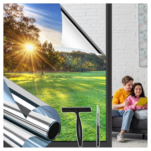 Niviy Fensterfolie Spiegelfolie Fenster von Außen Blickdicht von Innen Durchsichtig,44.5X200cm Sichtschutz Sonnenschutz Hitzeschutzfolie Anti-UV Selbstklebend Einseitige Spiegelfolie Silber von Niviy
