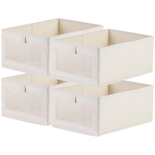 Niviy Schubladen Organizer 4er Set aus Leinen,Aufbewahrungsbox Schrank Mit Fenster,Ordnungssystem Kleiderschrank Faltbare Stoffboxen Aufbewahrung Für BHs,Unterwäsch,Krawatten L41XB28XH17cm Beige von Niviy
