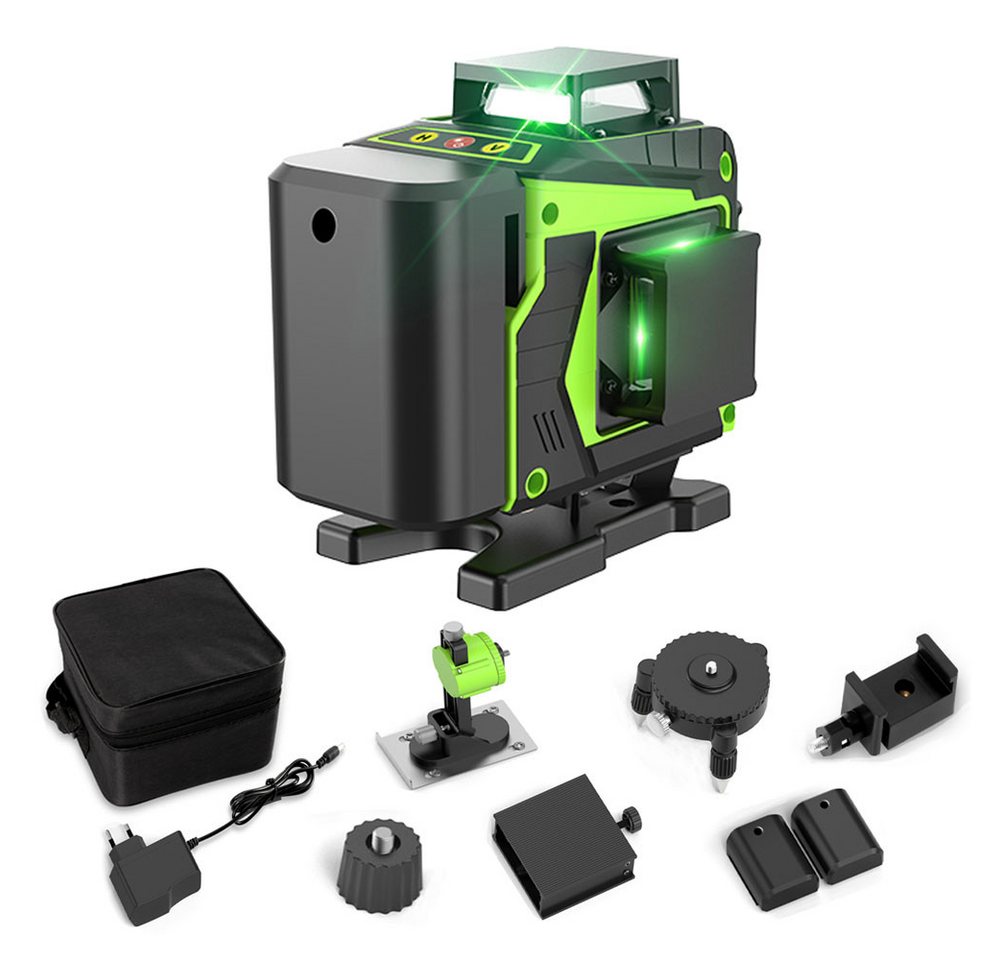Nivzo Wasserwaage Kreuzlinienlaser 4D, 16 Linien, 360° Grün, Selbstnivellierend, IP54, 4 x 360°-Design, Fernbedienung, 2 x Batterie, Laufflächenhalterung von Nivzo