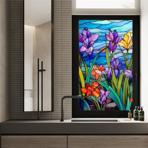 Niwugady Fensterfolie Sichtschutz, Buntglas Aufkleber Orchideenmuster Dekorativ Entfernt Fensteraufkleber Vinyl Nicht Klebend Statisch Haftend UV-blockierende Folie, 45 x 100 cm von Niwugady