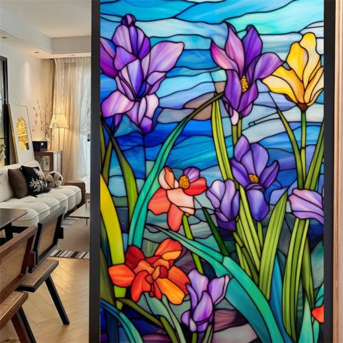 Niwugady Fensterfolie Sichtschutz Buntglas Aufkleber Orchideenmuster Dekorativ Entfernt Fensteraufkleber Vinyl Nicht Klebend Statisch Haftend UV-blockierende Folie, 60 x 100 cm von Niwugady