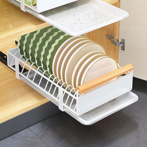 Niwugady Teller Organizer Schublade mit Abnehmbarer Abtropfschale - Tellerhalter Schublade Teller Organizer mit Holzgriff - Teller Organizer Schrank Selbstklebender Ohne Bohren - 41x26x13cm von Niwugady