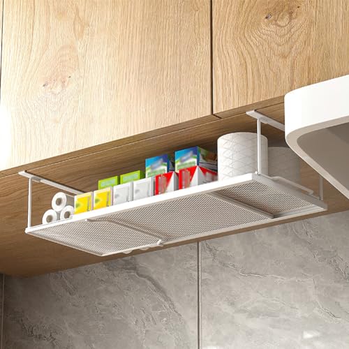 Niwugady Unter Regal Hängekorb Ausziehbar aus Metall, Unterregal Aufbewahrungskorb mit Verstellbarer 38-70cm, Organizer in Küchenschränken Vorratskammer, Schuhschränken und Kleiderschränken, Weiß von Niwugady
