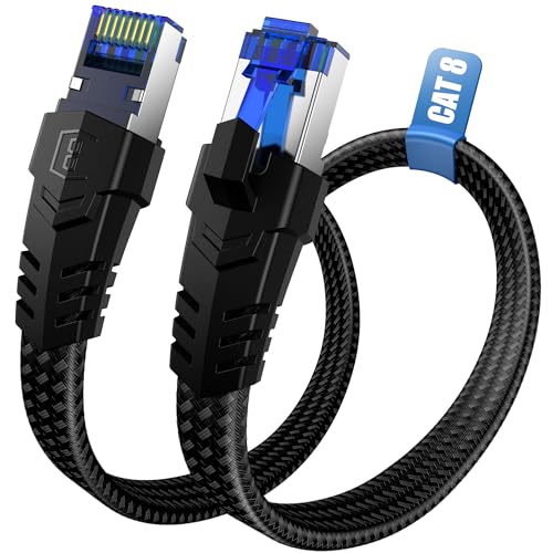 Nixsto Cat 8 Ethernet Kabel 10M, 40Gbps 2000MHz Hochgeschwindigkeits Netzwerkkabel, RJ45 Gigabit Patchkabel, Flach POE Nylongeflecht Internet LAN Kabel für Switch, PC, TV, Modem, Geschenk für Gamer von Nixsto