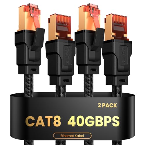 Nixsto Lan Kabel CAT8, Netzwerkkabel 1M 2M 3M 5M 10M 15M 20M, Ethernet Kabel 40Gbps 2000Mhz Hochgeschwindigkeit, RJ45 Gigabit Geflochten Patch Kabel für Router,Modem,PC,PS5,Server (2Stück 2Meter) von Nixsto