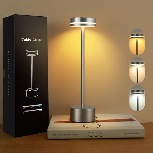 Nixtrve LED Tischlampe Kabellos mit Touch, LED Akku Tischleuchte USB Aufladbar Nachttischlampe Dimmbar, Metall Tischlampe Wohnzimmer für Indoor und Outdoor (Silber) von Nixtrve