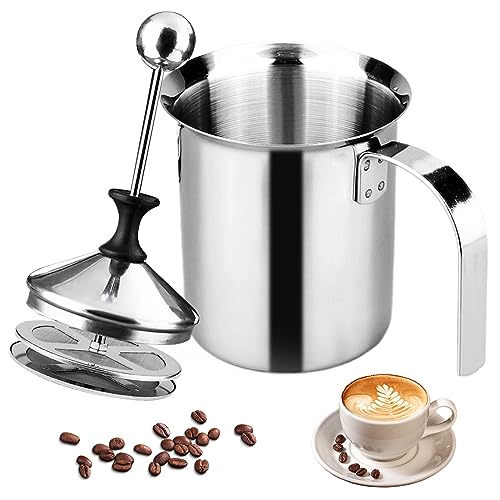 400ml Edelstahl Double Mesh Milchaufschäumer Manuell, 304 Edelstahl Hand Milschäumer, Speziellem Drückmechanismus, Milk Frother zur Herstellung Von Kaffee Cappuccino Schaummilch von Nizirioo