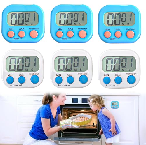 6 Stück Magnetisch Stoppuhr Timer: Nizirioo 2 Farben Digitaler Küchentimer mit Uhr mit Großem LCD-Display Stumm für Küchen, Büros, Sport (Batterien Nicht Enthalten) von Nizirioo