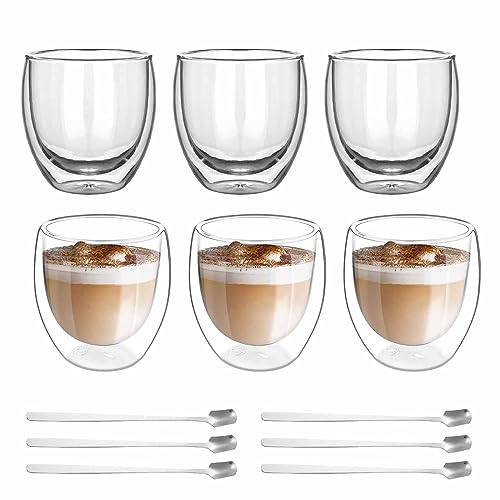 6er Doppelwandige Espressotassen Gläser, Latte Macchiato Gläser Doppelwandig 80ml, Cappuccino Tassen mit 6 Löffel, Hitzebeständiges Kaffeetassen Teegläser, Espressotassen Set von Nizirioo