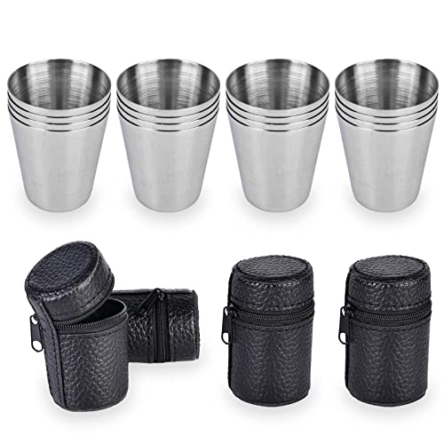 Edelstahl Becher, 30ml Klein Flachmann Becher, 16 Stück Edelstahlbecher mit 4 Lederetui mit Reißverschluss, Edelstahl Shot Gläser, Klein Edelstahl Becher Set, Kleine Metallbecher für Camping,Picknick von Nizirioo