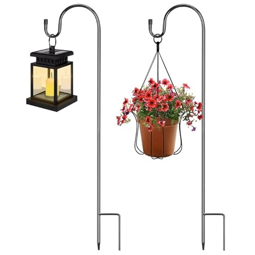 Nizirioo 2 PCS Schäferhaken Garten, 100cm/39 Inch Gartenstecker Metall mit Haken, Schwarz Schäferhaken Garten, Garten Schäferhaken FÜR Solarleuchten, Pflanzenkörbe, Laternen, Vogelhäuschen von Nizirioo