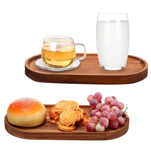 Nizirioo 2 Stück Akazie Holztablett: Dekotablett mit Hochgezogenem Rand, Serviertablett Holz, Oval Holzbrett Küche Ideal für Dessert Kuchen Snacks Brot Fleisch Gemüse Käse Schinken(19x10.5x1.5m) von Nizirioo