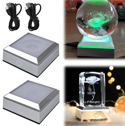 Nizirioo 2 Stück Quadratisch Leuchtsockel: Led Sockel mit 6 Beleuchtungsmodi und Touch-Schalter, USB Leuchtsockel für Display Kristall, Geschenke zum Valentinstag(Flacher & Konkaver Sockel, Silber) von Nizirioo