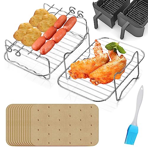 Nizirioo 2-Teiliges Set Heißluftfritteuse Grillrost, Air Fryer Racks, 304 Edelstahl Airfryer Zubehö Mit Ninja Foodi Af300eu Af400eu, Air Fryer Zubehör Grillen Rack Mit Ölbürste 100 Stücke Backpapier von Nizirioo