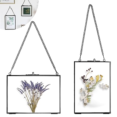 Nizirioo 2PCS Hängend Bilderrahme Glasrahmen Wandbehang: Bilderrahmen aus Glas und Metall, Bilderrahmen Durchsichtig Beidseitig für gepresste Blumen Fotos(Schwarz, 13x18cm, Rechteck) von Nizirioo