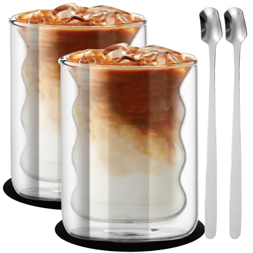 Nizirioo 2er Set Latte Macchiato Gläser 200ml Doppelwandige Gläser Cappuccino Tassen Kaffeegläser Thermogläser Trinkgläser Kaffeetassen Klares Glas Teegläser Spiralförmig, Mit 2 Löffeln 2 Untersetzer von Nizirioo