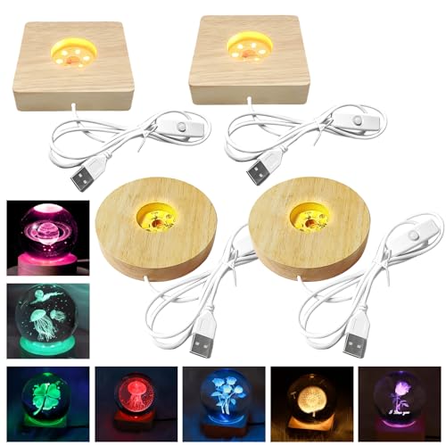 Nizirioo 4 Stück Holz Leuchtsockel: 7 Farben Led Sockel mit Einstellbarer Schalter, USB Leuchtsockel für Display Kristall Glas Acryl Schmuck Harz, Geschenke zum Valentinstag(Rund+Quadratisch) von Nizirioo