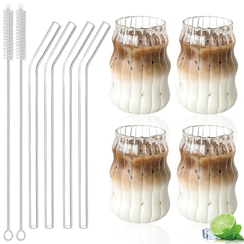 Nizirioo 4er Set Kaffeegläser: 500ml Gläser mit Strohhalmen und Reinigungsbürsten, Riffle Gläser Dessertgläser Teeglas Ripple Kaffeebecher Saftgläser für Whiskey, Bier, Cocktail, Eiskaffee und Eistee von Nizirioo